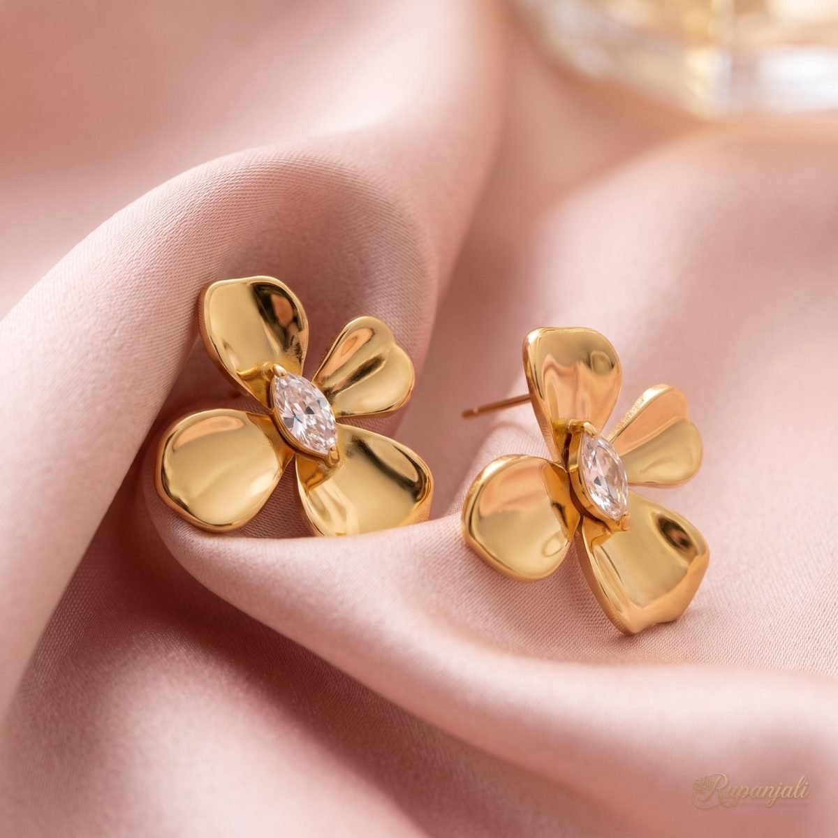 Gold Flower Stud Earrings with Marquise CZ for Women 4
