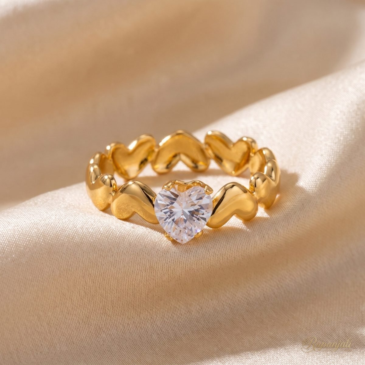 Gold Heart Zircon Ring — Band of Hearts with Heart CZ 1