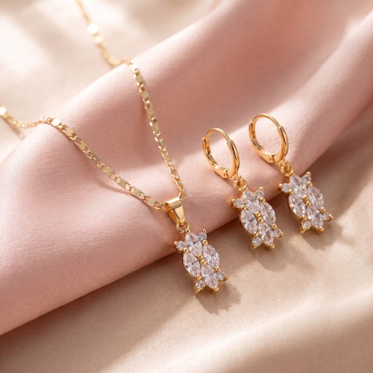 Gold-Tone CZ Flower Pendant & Earrings Jewellery Set for Women 1