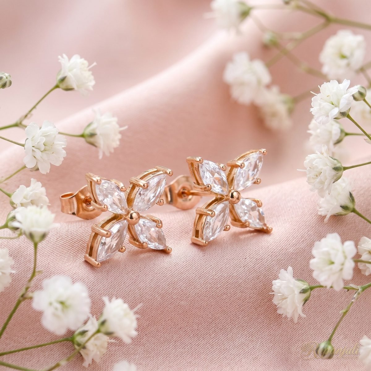 Rose Gold Flower Stud Earrings with Marquise CZ for Women 4