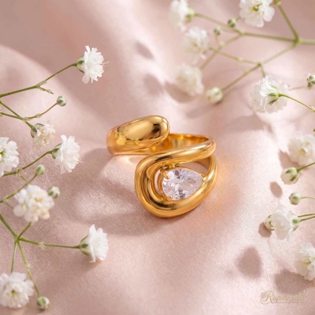 Gold Hollow Zircon Open Ring — Sculpted Pear Drop Statement 3