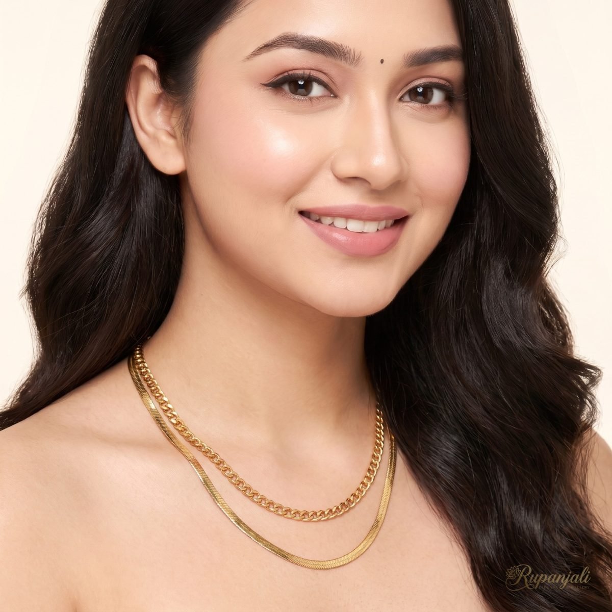 Gold Double Layer Chain Necklace — Snake & Curb Chain Set 5