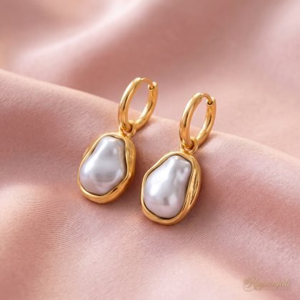 Gold-Tone Hoop Earrings with Baroque Pearl Drops for Women