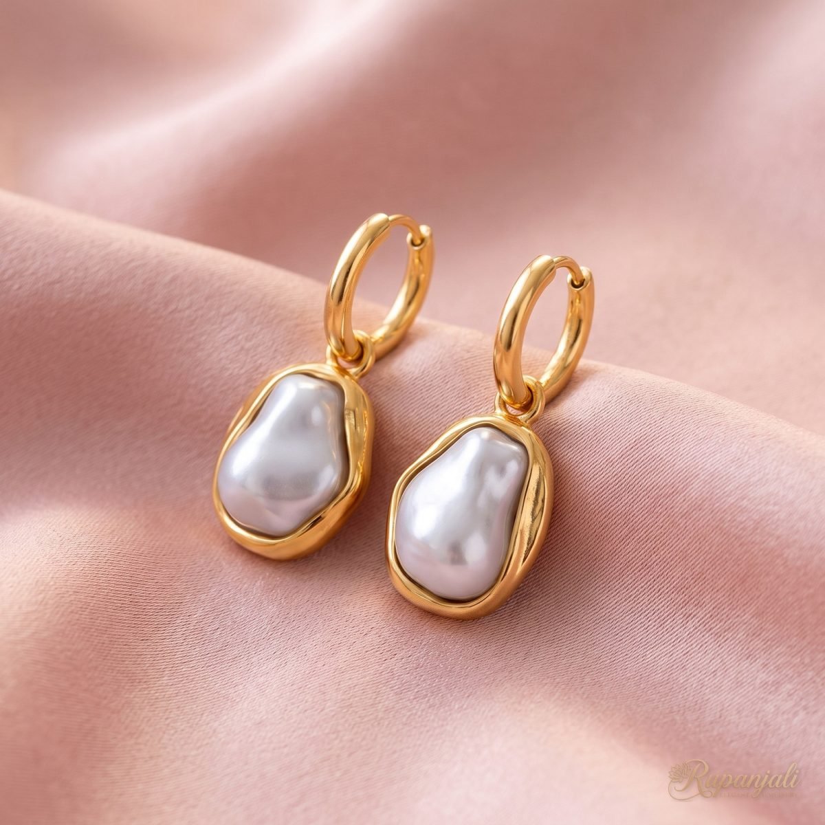 Gold-Tone Hoop Earrings with Baroque Pearl Drops for Women 1