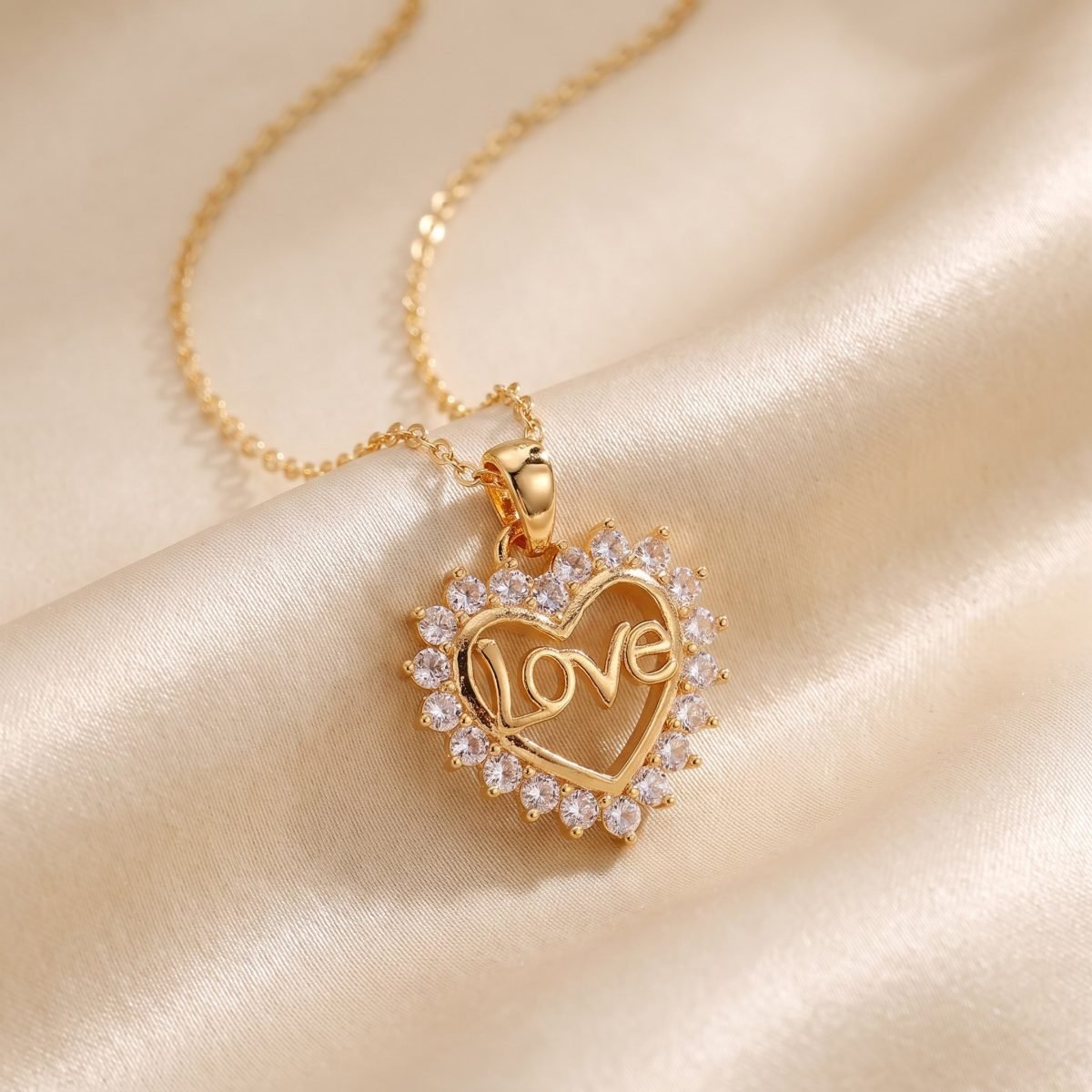 Gold Love Heart Pendant Necklace with Cubic Zirconia for Women 3