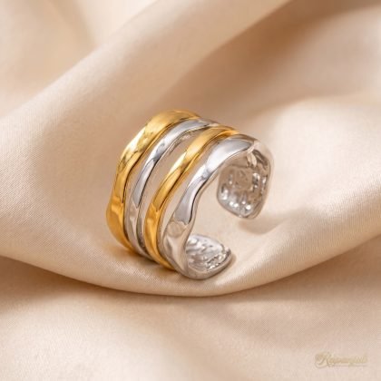 Two-Tone Wavy Open Ring — Gold & Silver Molten Lines