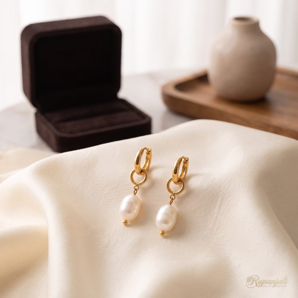 Gold Freshwater Pearl Drop Earrings for Women — Huggie Hoops 2