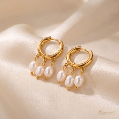 Gold Triple Pearl Hoop Earrings for Women — Freshwater Drops