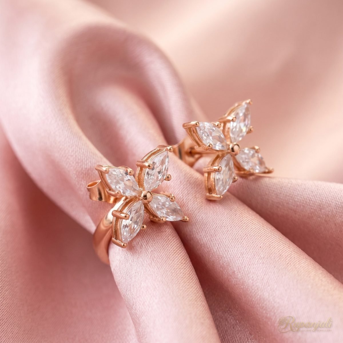Rose Gold Flower Stud Earrings with Marquise CZ for Women 5