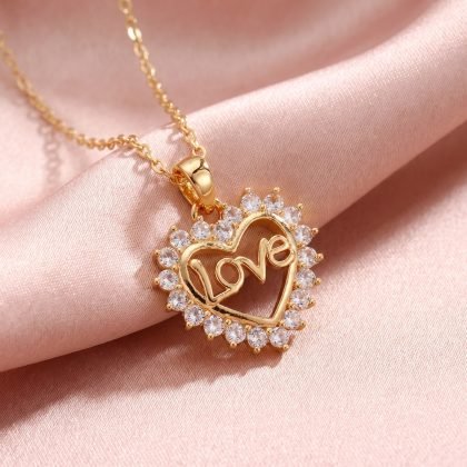 Gold Love Heart Pendant Necklace with Cubic Zirconia for Women