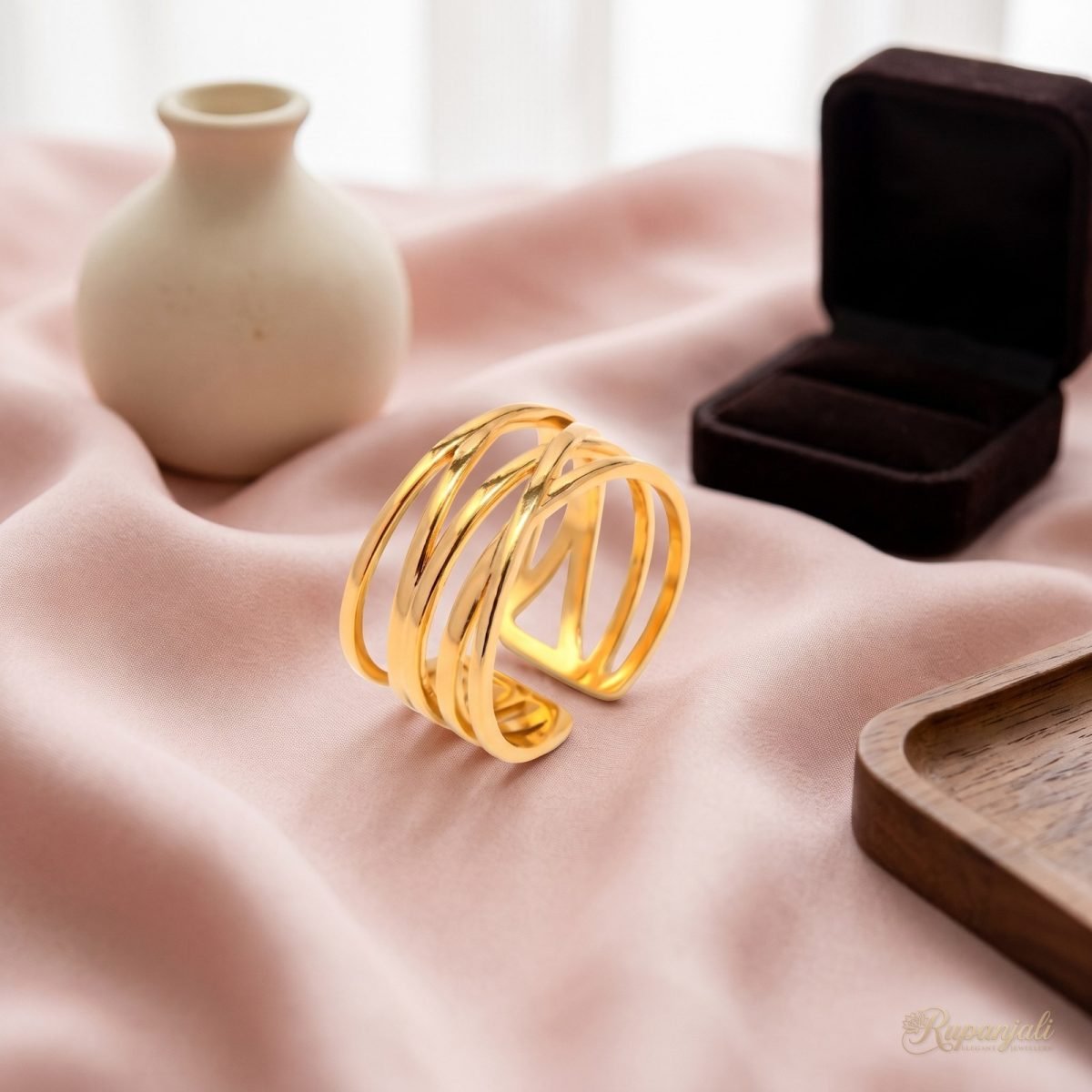 Gold Crossover Open Ring for Women — Woven Wide Band 2
