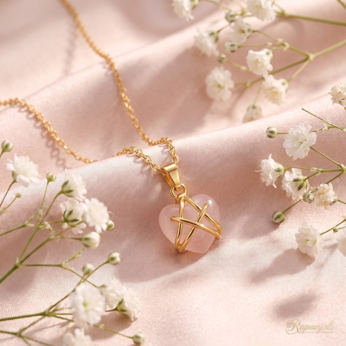 Rose Pink Heart Necklace — Gold Wrapped 3