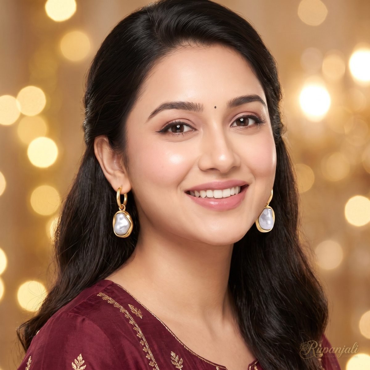 Gold-Tone Hoop Earrings with Baroque Pearl Drops for Women 8
