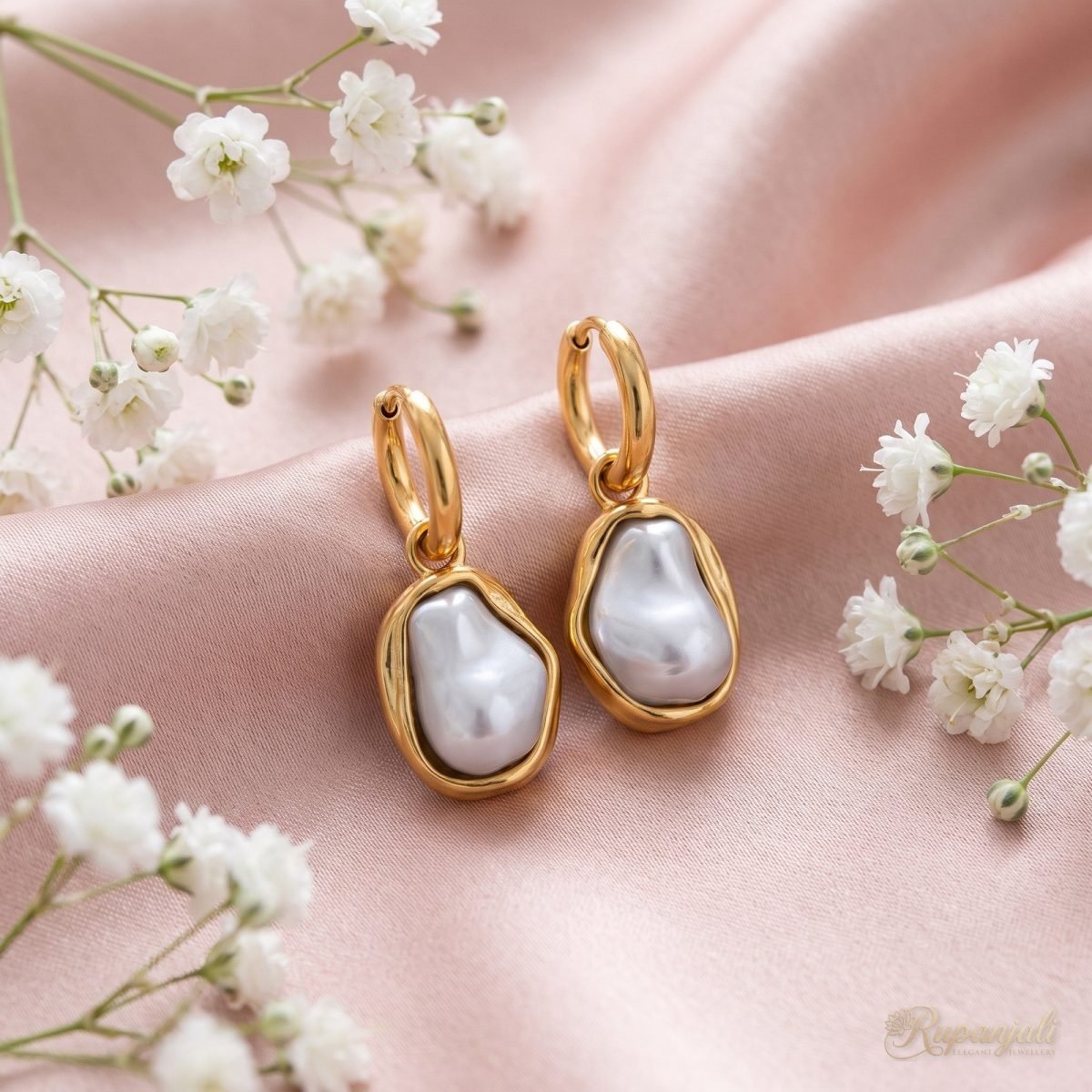 Gold-Tone Hoop Earrings with Baroque Pearl Drops for Women 4