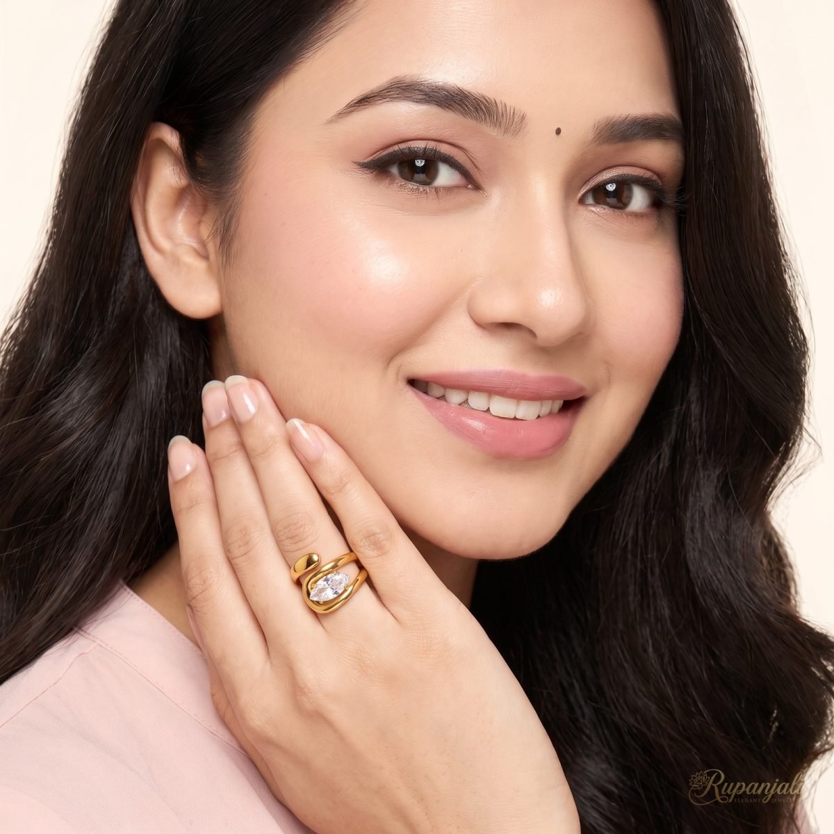 Marquise Zircon Wrap Ring — 18K Gold Plated Fluid Sculpture 5