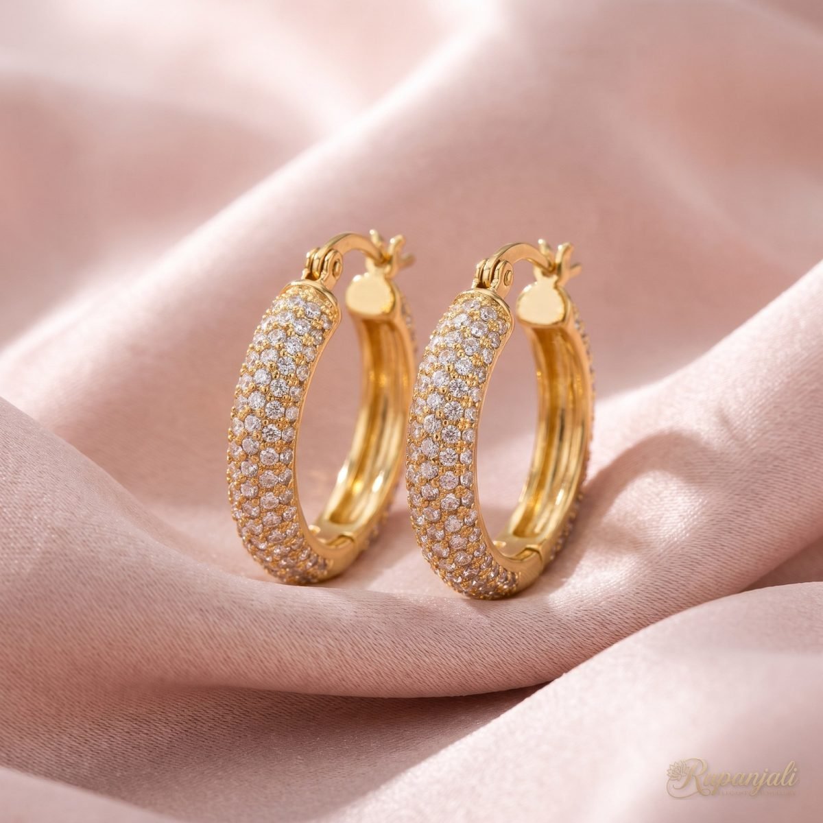 Gold Pavé Zircon Hoop Earrings for Women — White CZ Hoops 1