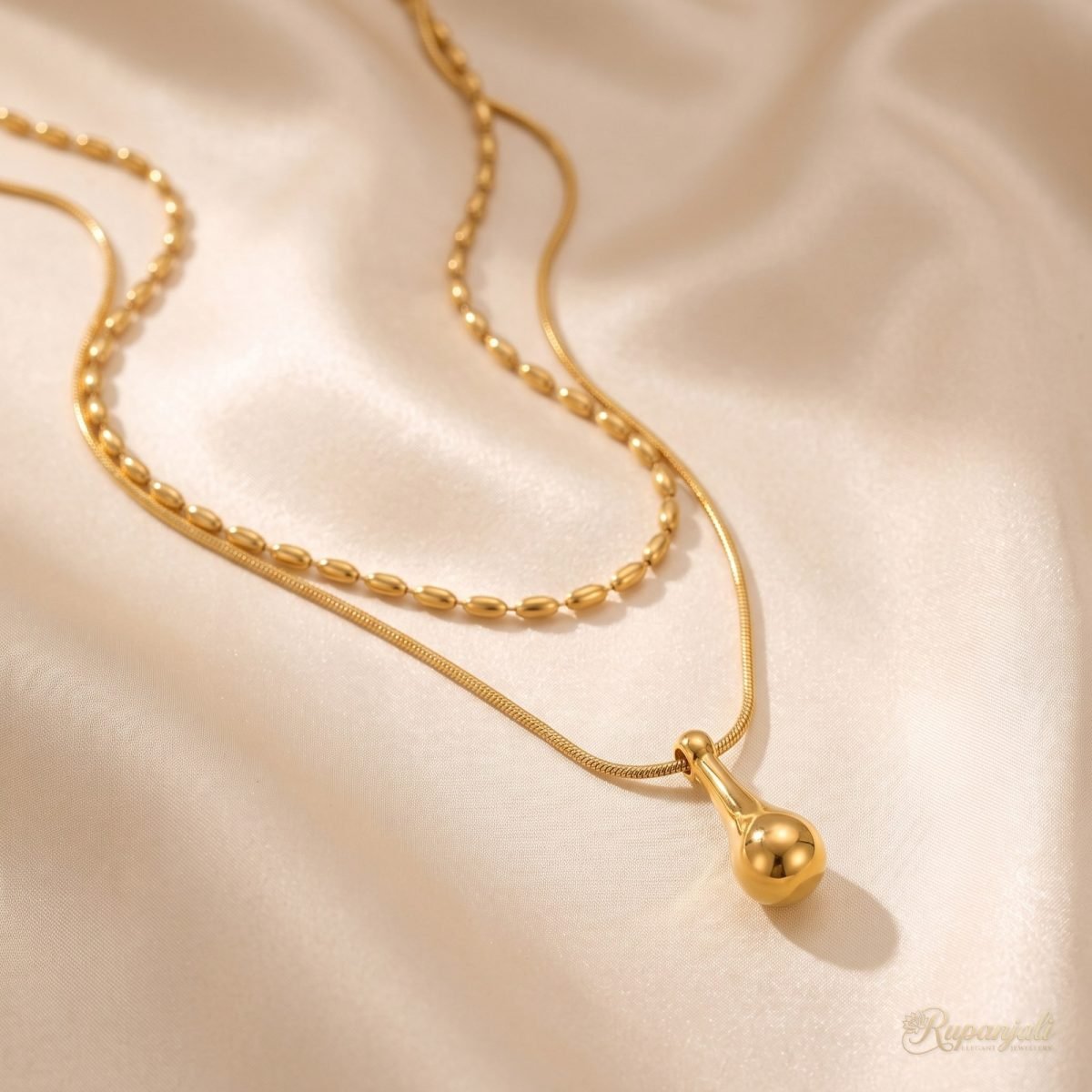 Gold Double Chain Water Drop Necklace for Women — Layered 1