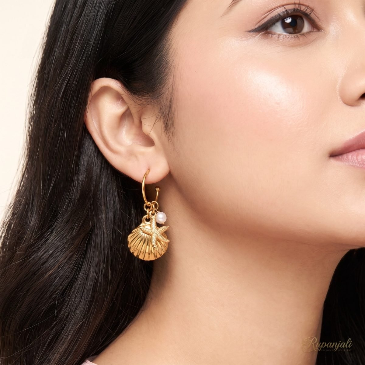 Gold Shell Starfish Pearl Hoop Earrings — Ocean Charms 5