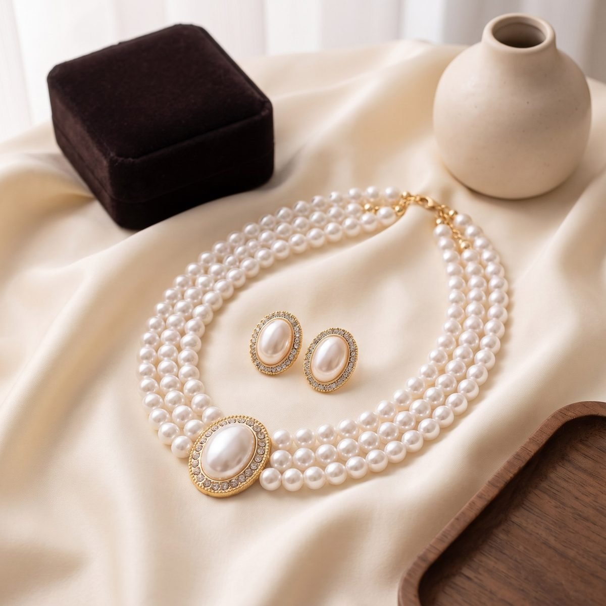 3-Strand Pearl Necklace & Earrings Set with Rhinestones for Women 5