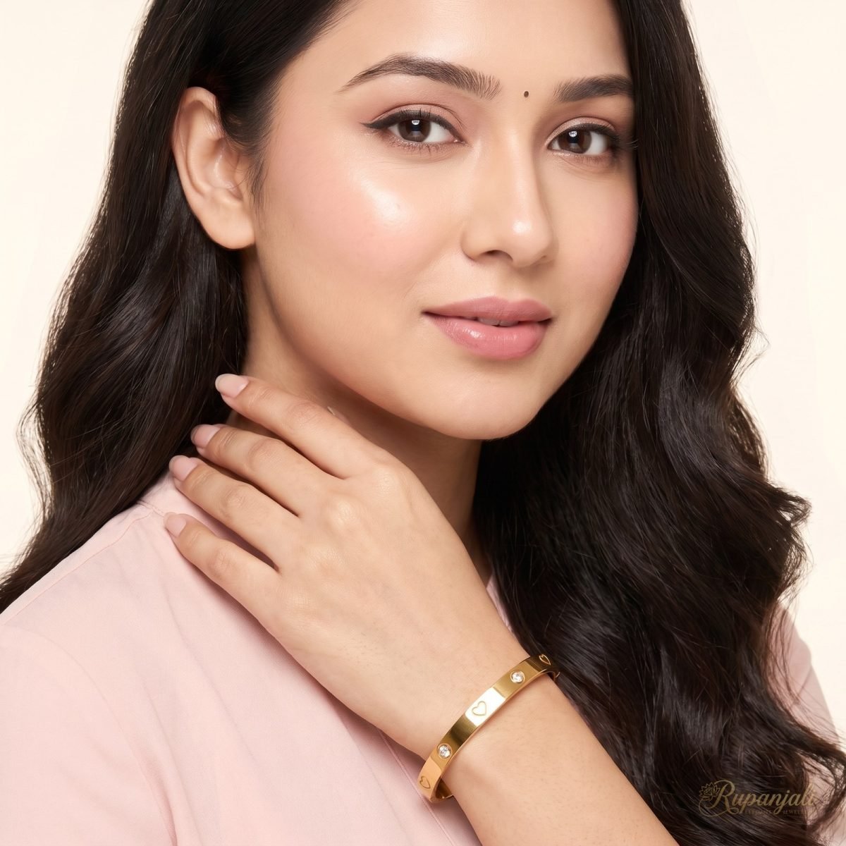 Gold Heart Love Bangle Bracelet for Women with CZ Stones 5