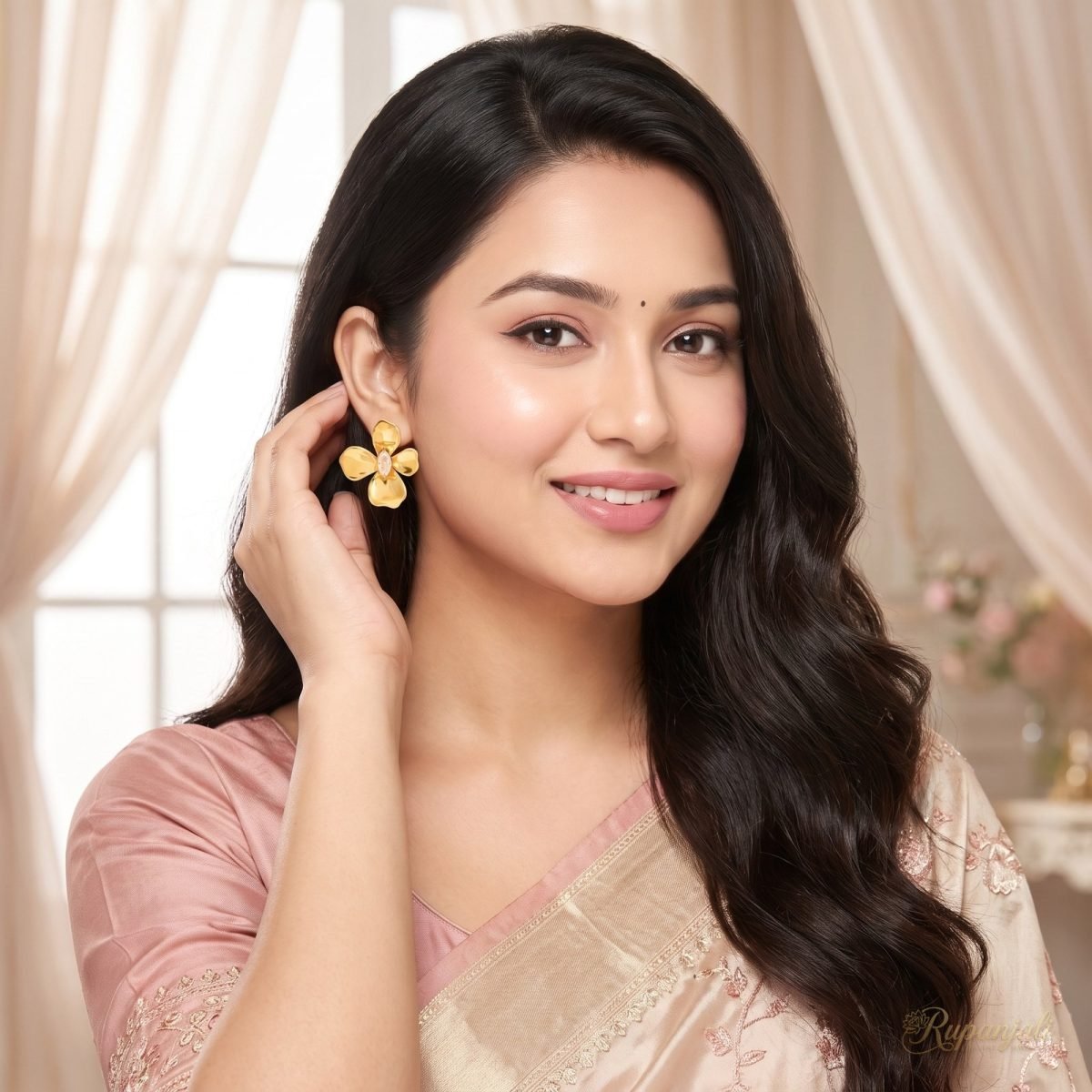 Gold Flower Stud Earrings with Marquise CZ for Women 6