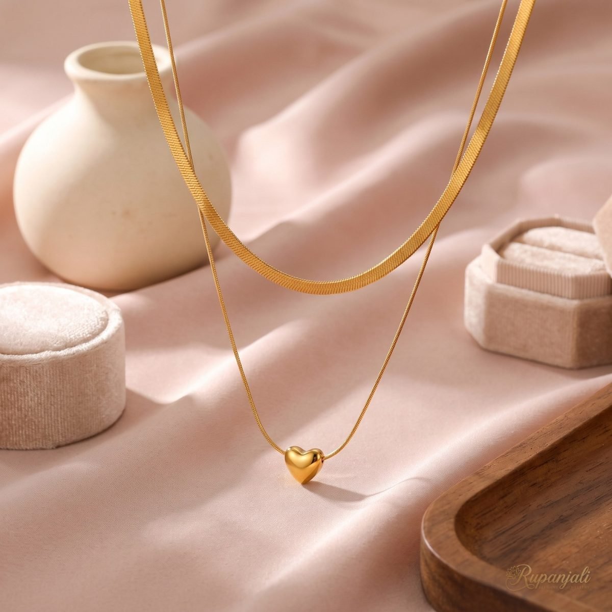 Gold Heart Double Layer Necklace — Snake Chain & Herringbone 2