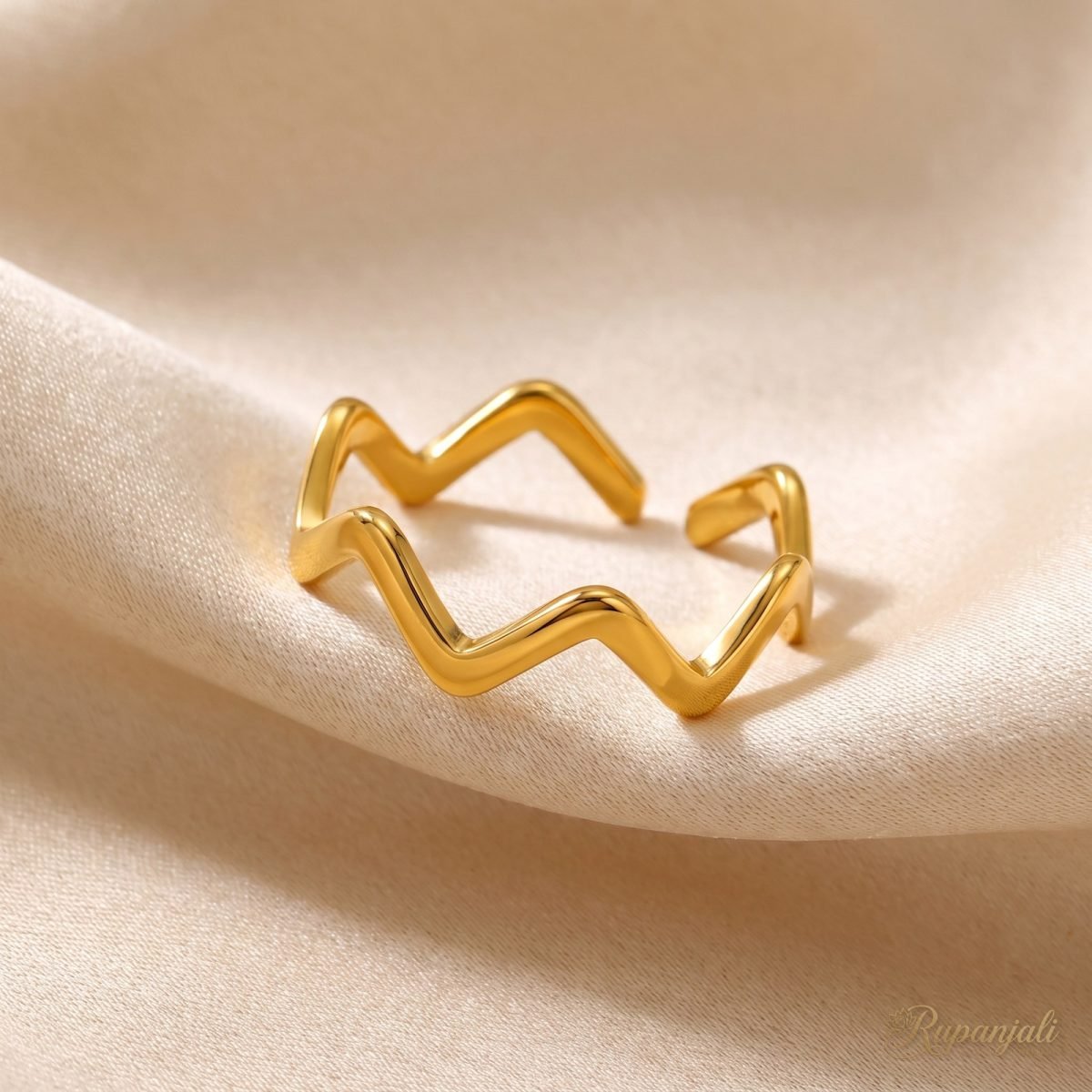 Gold-Tone Wave Ring for Women — Adjustable Open Zigzag Band 2
