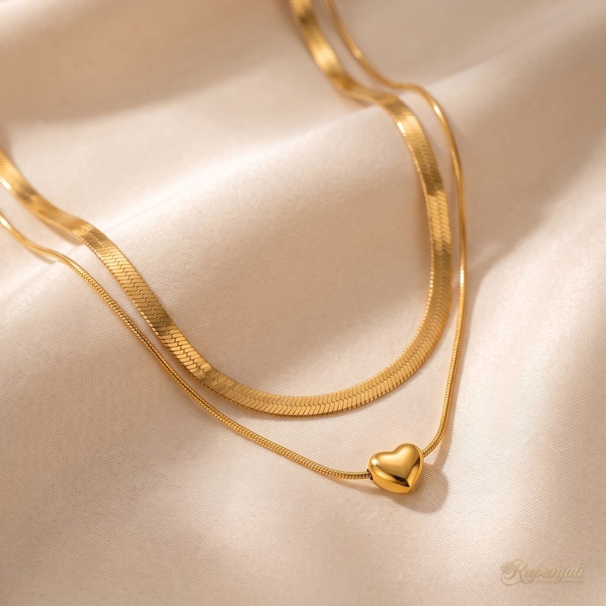 Gold Heart Double Layer Necklace — Snake Chain & Herringbone 1