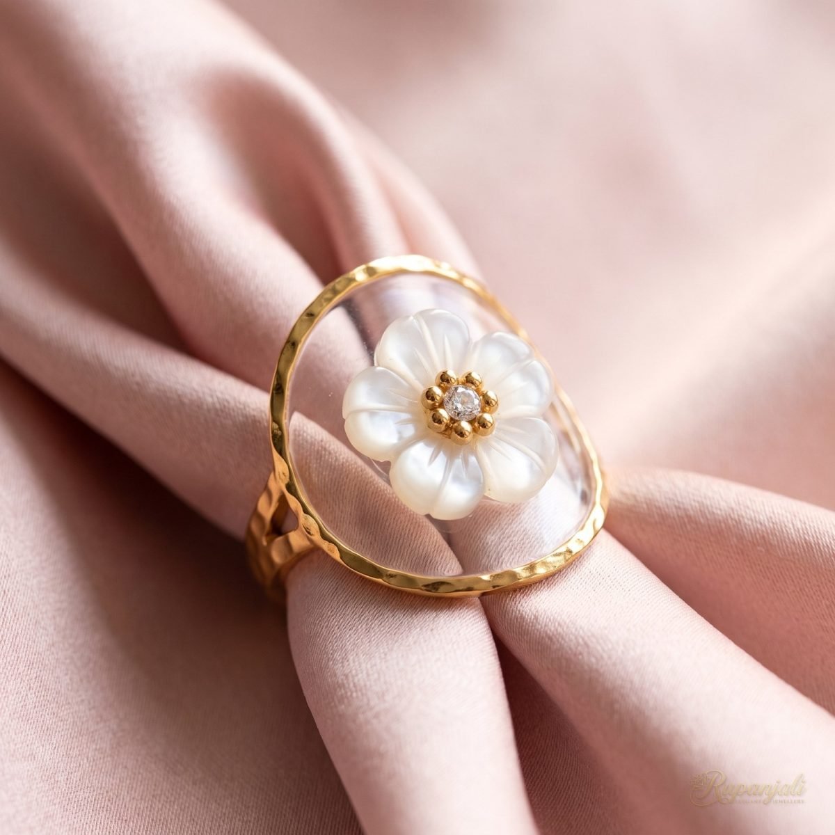Gold Eternal Flower Ring — White Blossom on Crystal Disc 4
