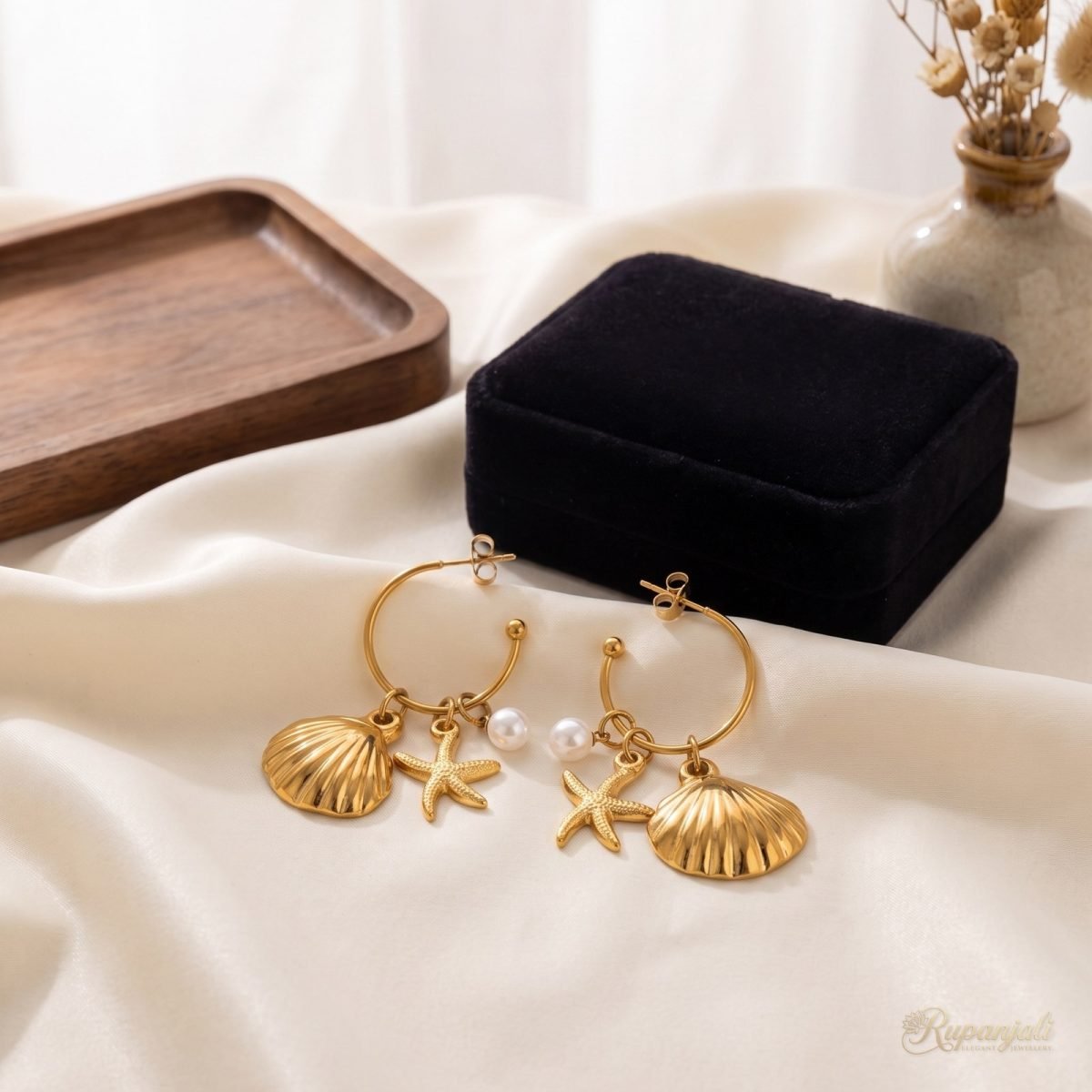 Gold Shell Starfish Pearl Hoop Earrings — Ocean Charms 2