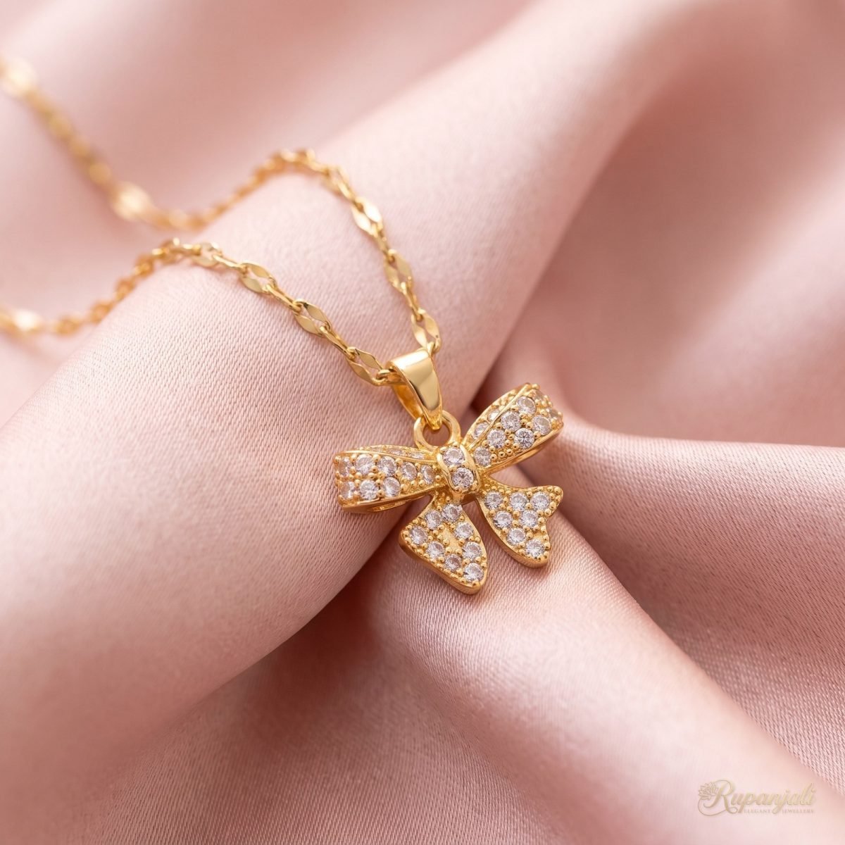 Gold Bow Pendant Necklace with Cubic Zirconia for Women 4