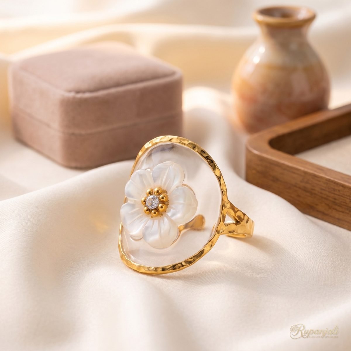 Gold Eternal Flower Ring — White Blossom on Crystal Disc 2