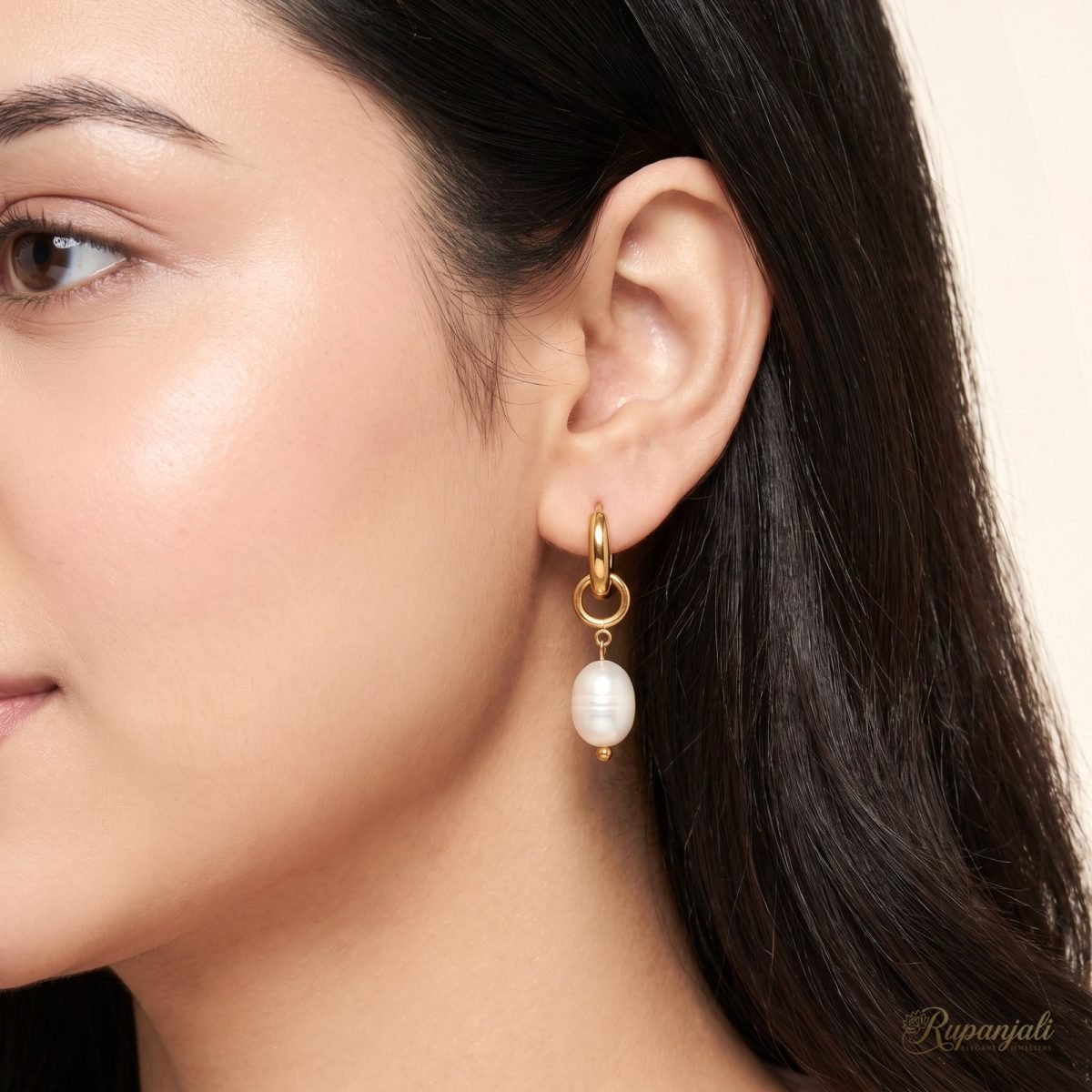 Gold Freshwater Pearl Drop Earrings for Women — Huggie Hoops 5