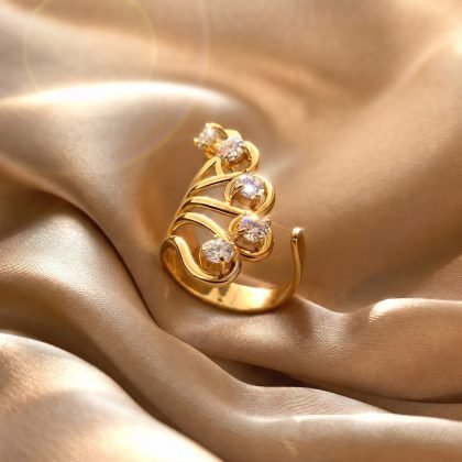 Swirl Zircon Statement Ring — Adjustable Gold Wave Design