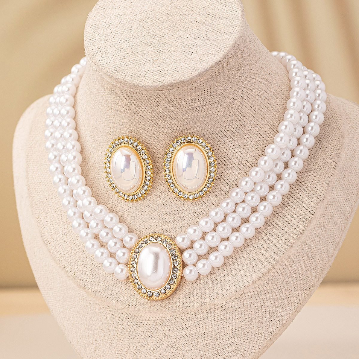 3-Strand Pearl Necklace & Earrings Set with Rhinestones for Women 2