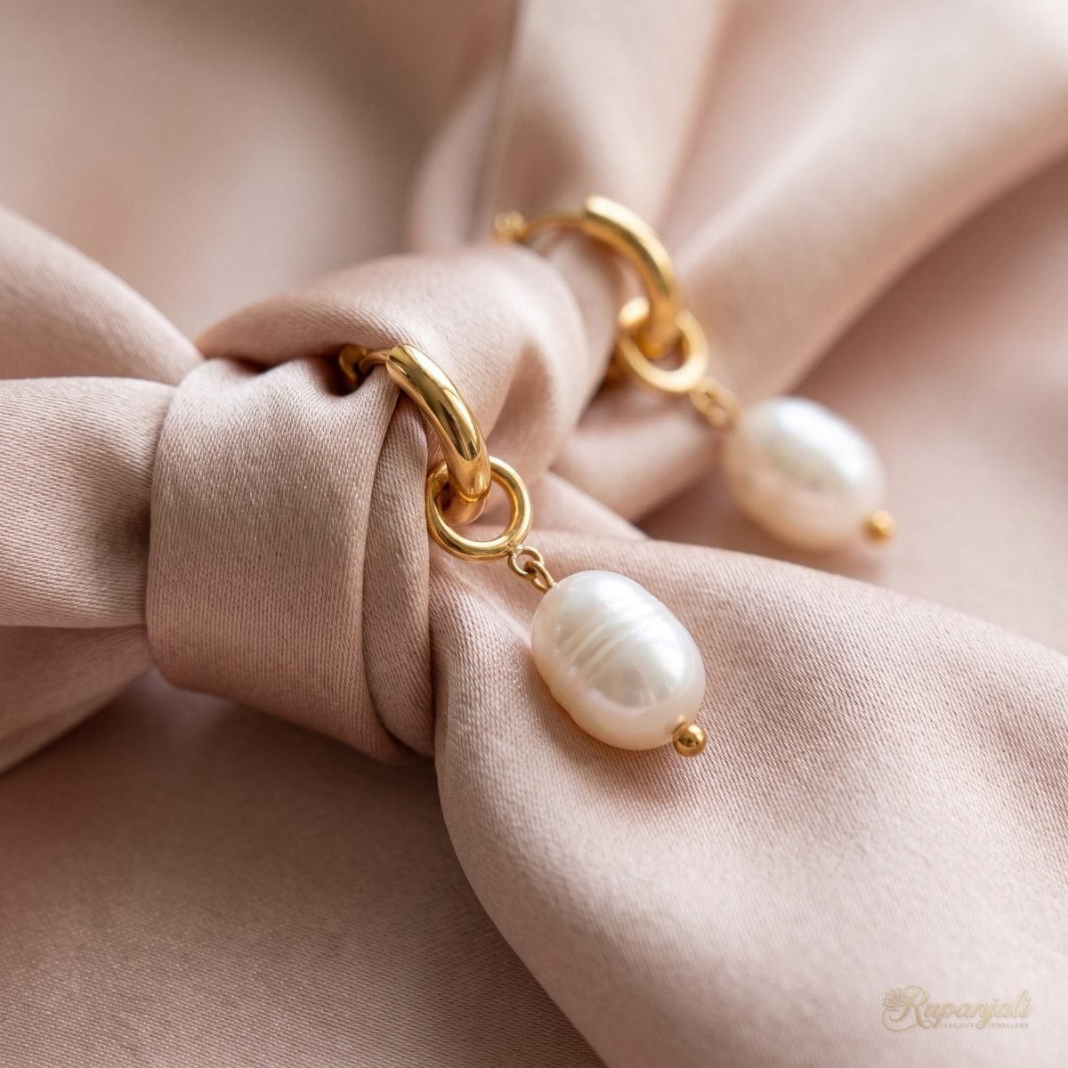 Gold Freshwater Pearl Drop Earrings for Women — Huggie Hoops 4