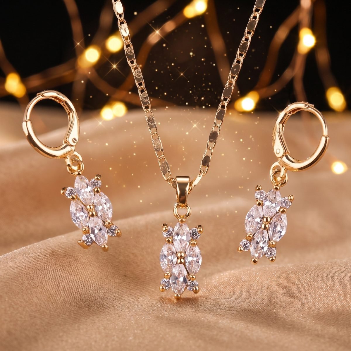 Gold-Tone CZ Flower Pendant & Earrings Jewellery Set for Women 5