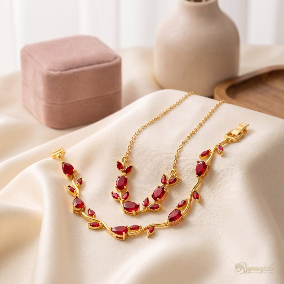 Red Zircon Branch Jewellery Set — Necklace & Bracelet 2