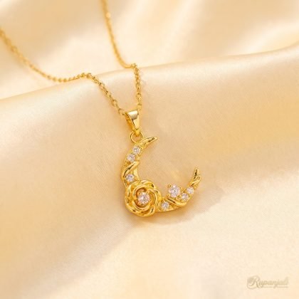 Crescent Moon Necklace — Rose & Stars