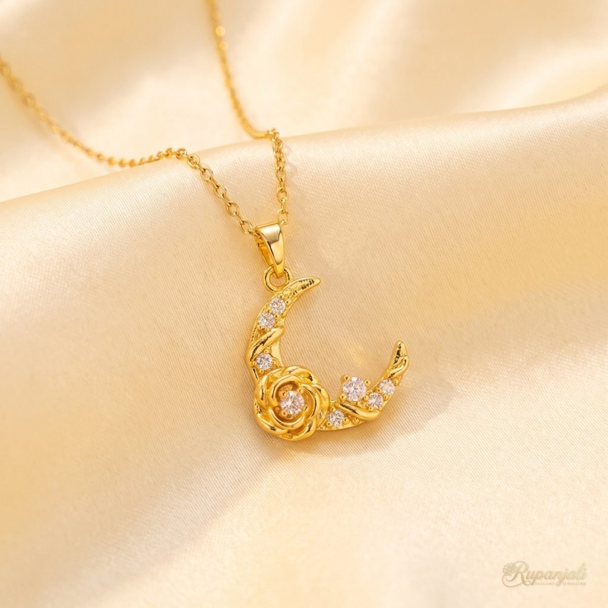 Crescent Moon Necklace — Rose & Stars 1