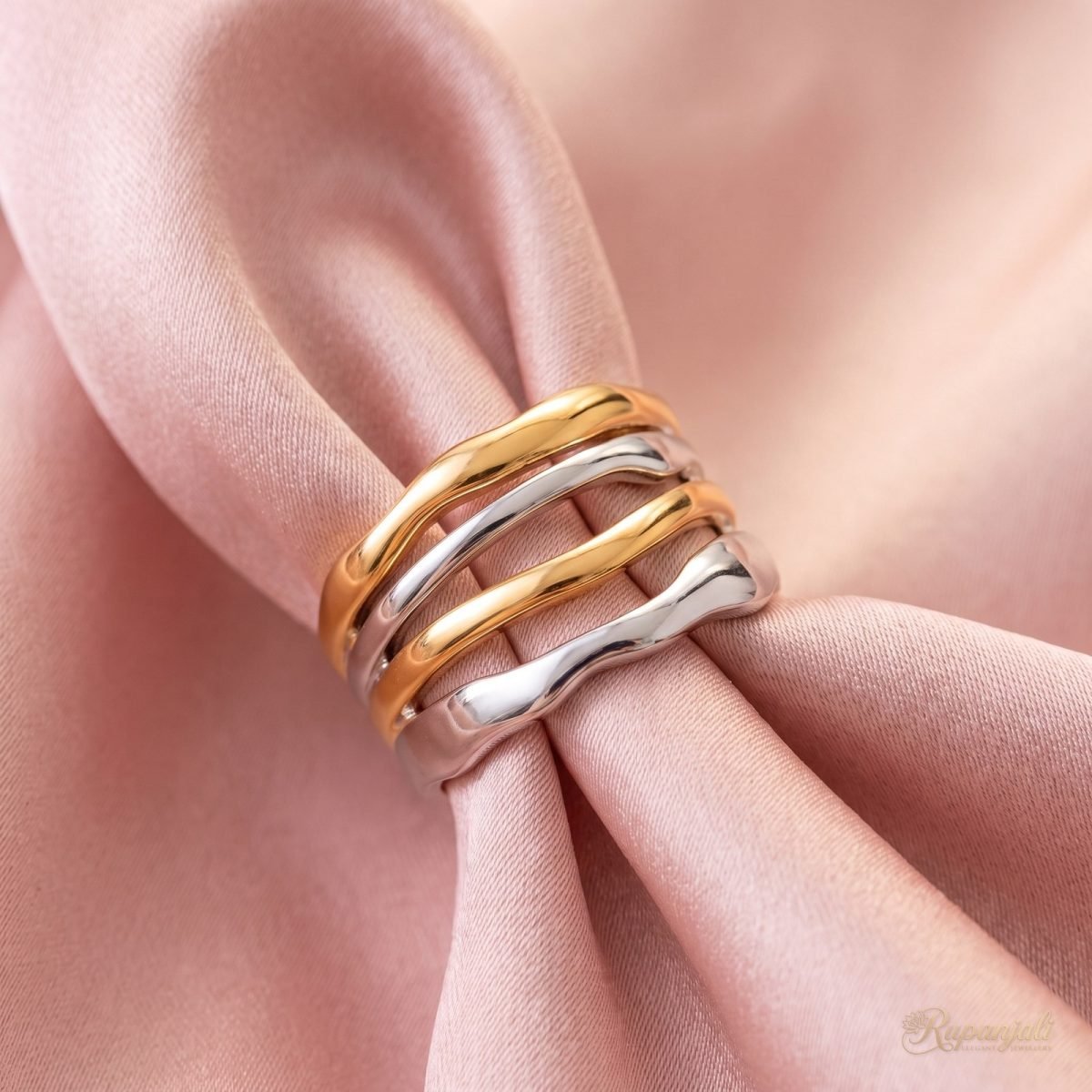 Two-Tone Wavy Open Ring — Gold & Silver Molten Lines 4
