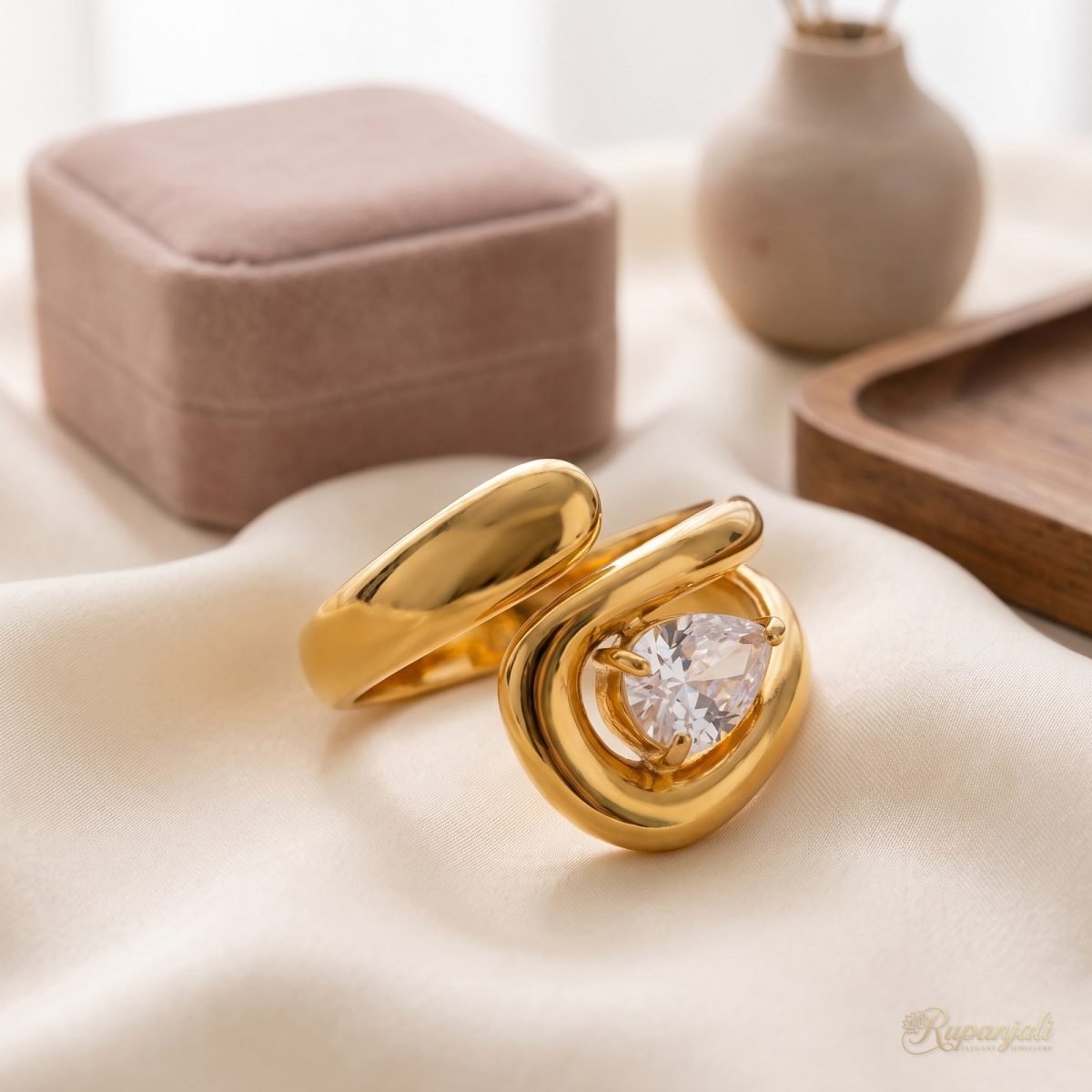 Gold Hollow Zircon Open Ring — Sculpted Pear Drop Statement 2