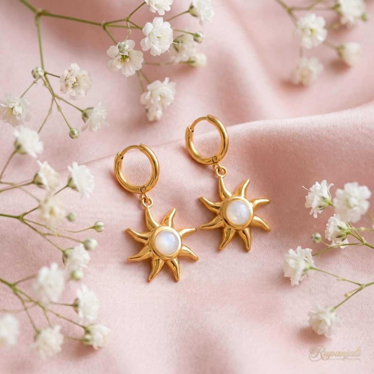 Gold Moonstone Sun Earrings for Women — Celestial Drops 3