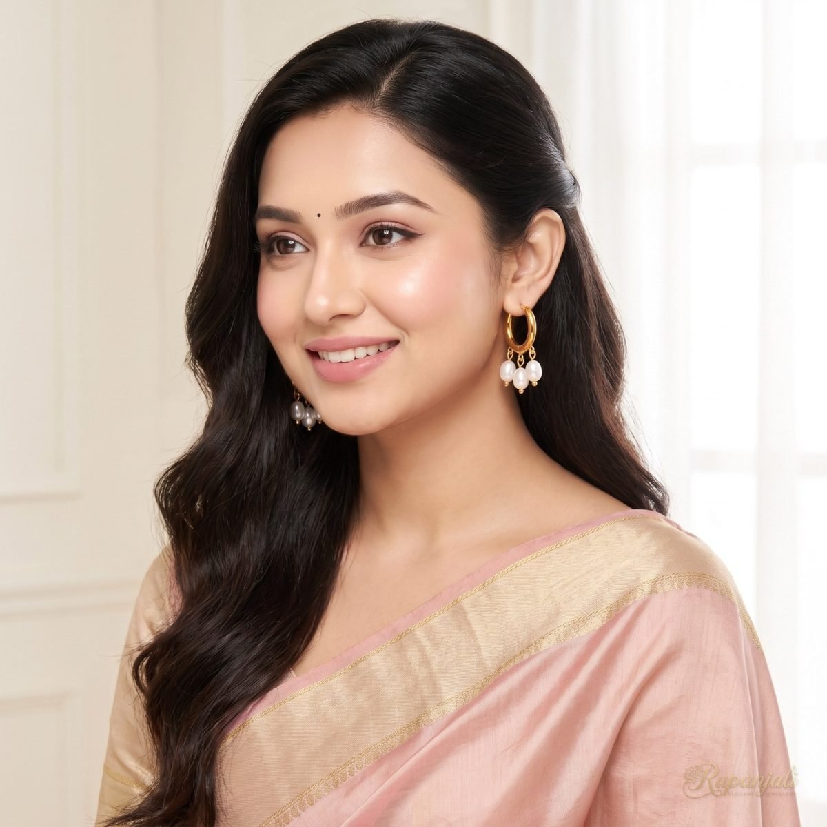 Gold Triple Pearl Hoop Earrings for Women — Freshwater Drops 6