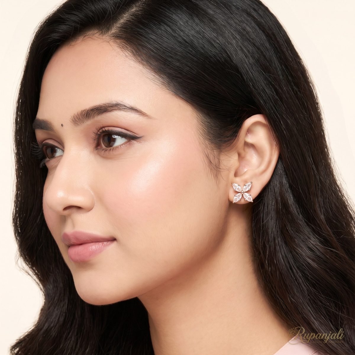 Rose Gold Flower Stud Earrings with Marquise CZ for Women 6