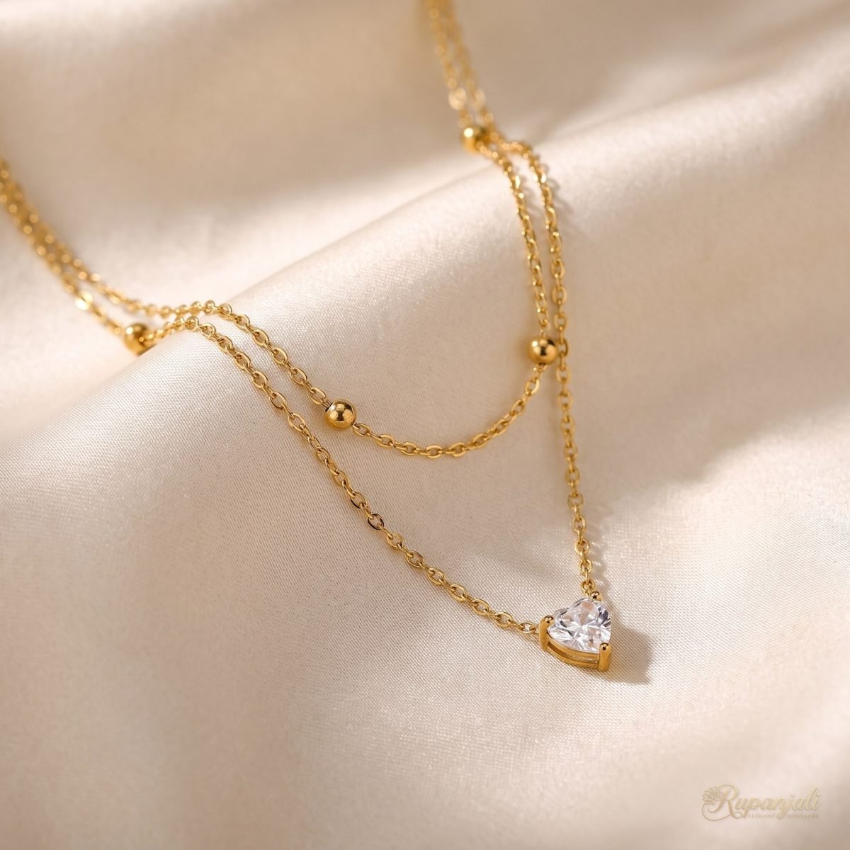 Heart Zircon Double Layer Necklace — Beaded Chain Stack 1