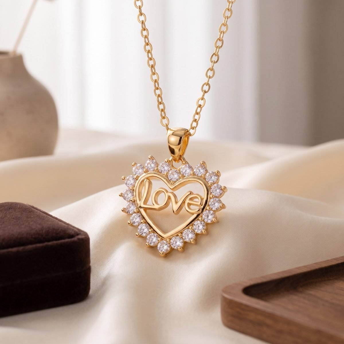 Gold Love Heart Pendant Necklace with Cubic Zirconia for Women 4