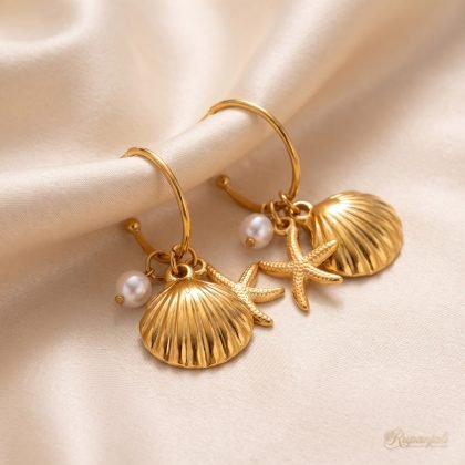 Gold Shell Starfish Pearl Hoop Earrings — Ocean Charms