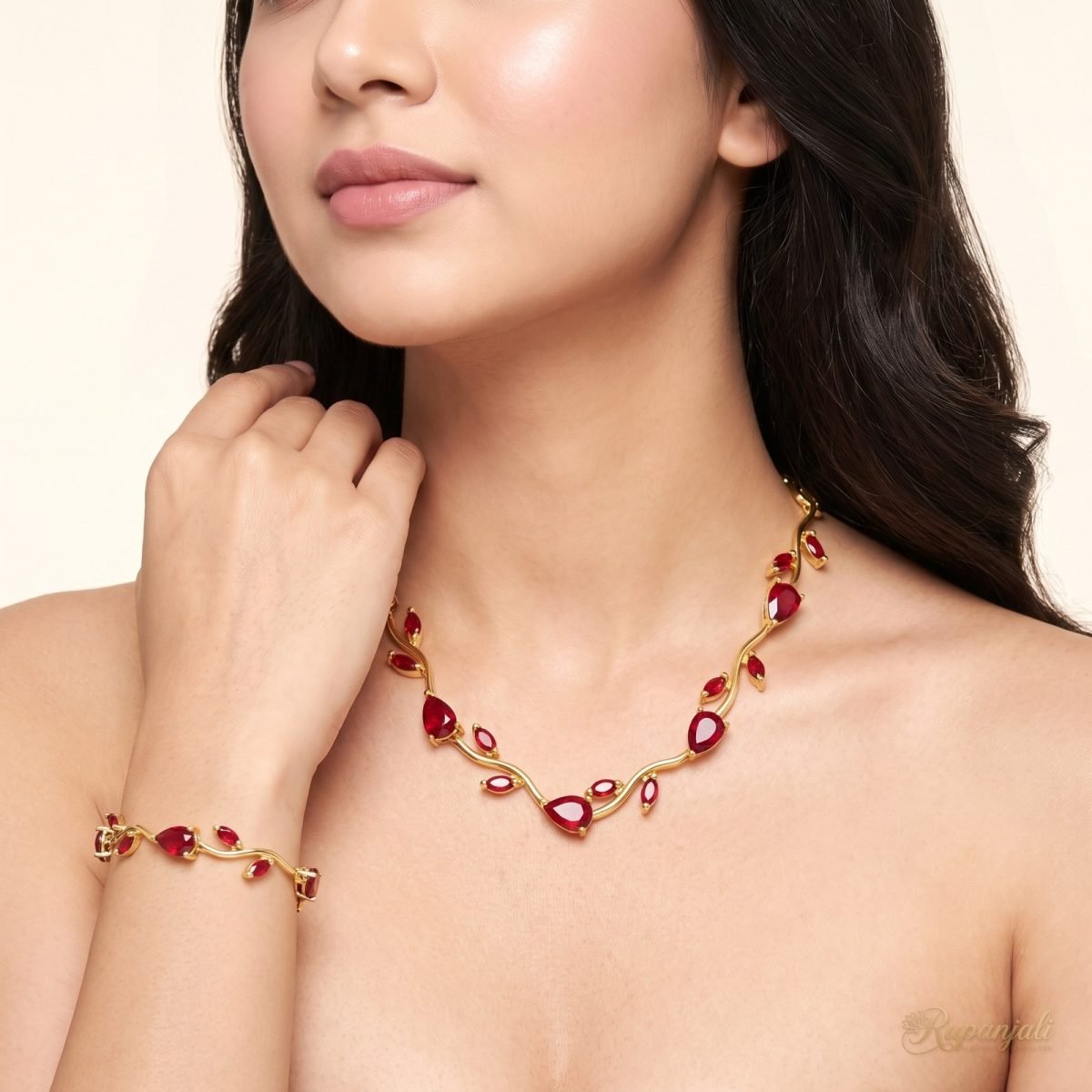 Red Zircon Branch Jewellery Set — Necklace & Bracelet 5