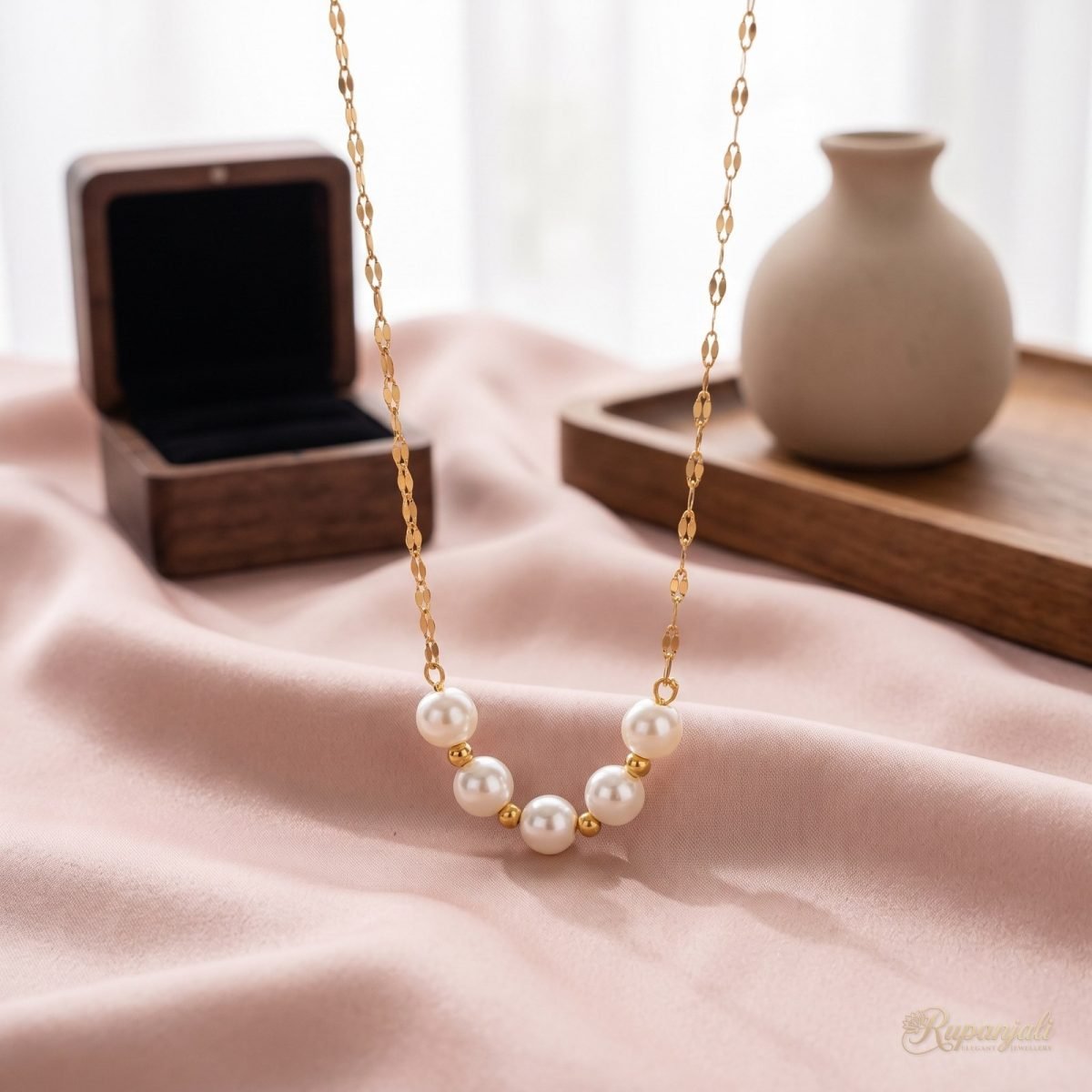 Smile Pearl Necklace — Five Pearls & Gold Spacers 2
